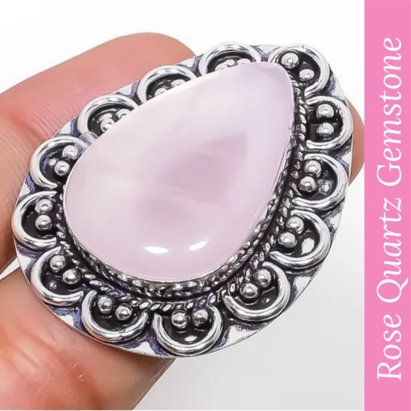 Rose Quartz Gemstone Handmade Halo Ring - Picture 3 of 10